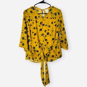Harper Heritage Women's Floral Yellow Tie Front Mid Sleeve Top Blouse